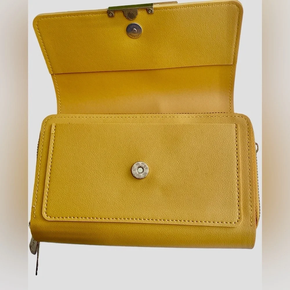 New! Nice Yellow Crossbody Wallet Clutch  Gold Metal Three Zippered Comp…